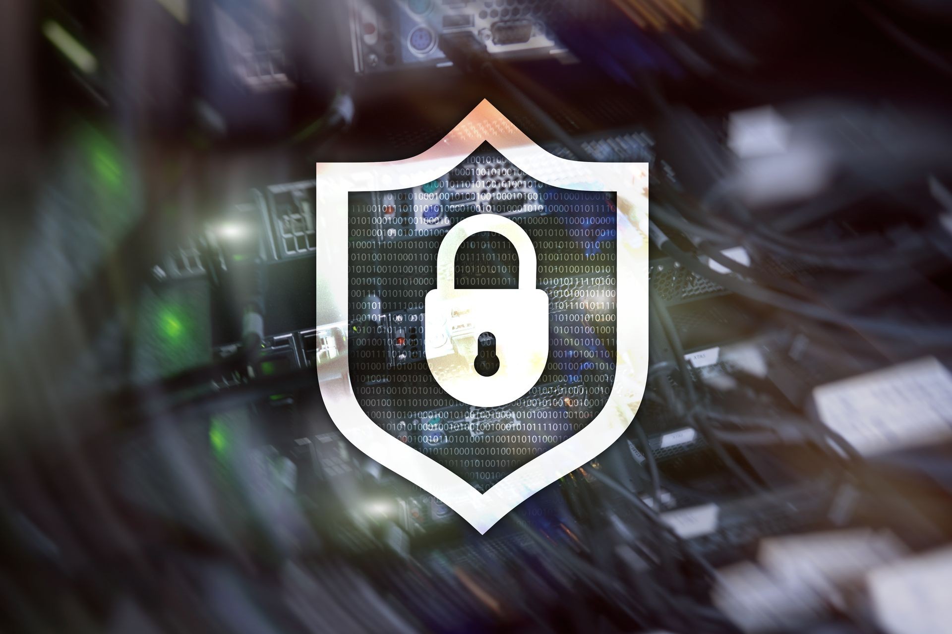 Cyber protection shield icon on server room background. Information Security and virus detection.